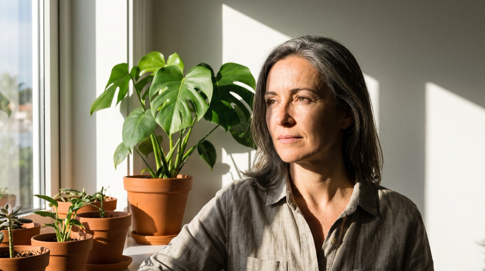 Mujer pensativa junto a una ventana con luz de tarde
